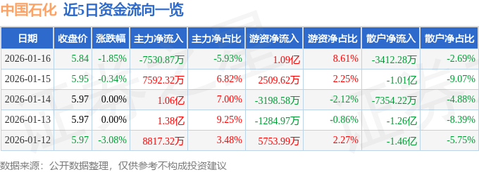 2026年1月16日中国石化股票行情及资金流向分析